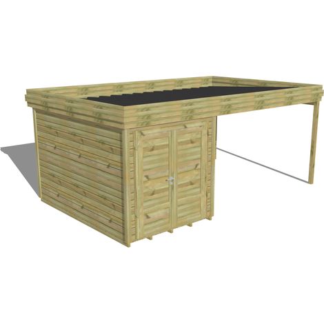 ABRI DE JARDIN bois Pin autoclave 27mm - 5,64x3,44m / 19,4m2 - Bac acier - Plancher bois (1/5)