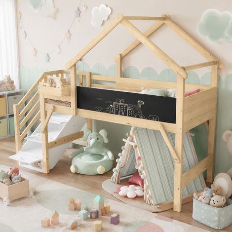 Litera infantil 90x200 cm de madera blanca y natural con almacenaje FloraGrace (1/5)