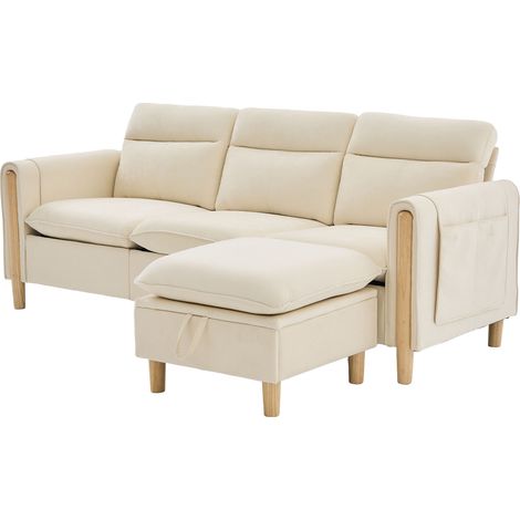 Sofá esquinero de chenilla beige con puf de almacenaje y bolsillos laterales (1/5)