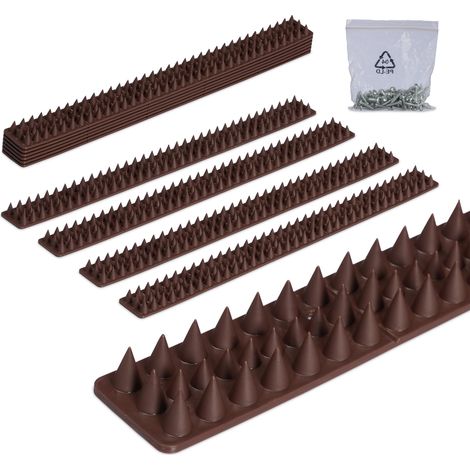 Relaxdays 10 Dissuasori per Piccioni Balcone, 2x49x4 cm, Deterrenti Scaccia Uccelli, 3 File Spuntoni, Plastica, Marrone