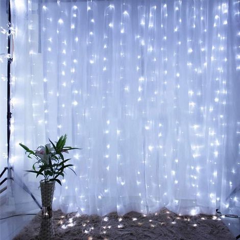 Rideau Lumineux 3 X 3 M, Rideau Lumineux Intérieur 300 Led, Rideau Lumineux Extérieur Avec 8 Modes Et Prise Ue, Étanche Ip44, Rideau Lumineux Led Pour La Saint-Valentin, Fête (Blanc Froid ) (1/5)