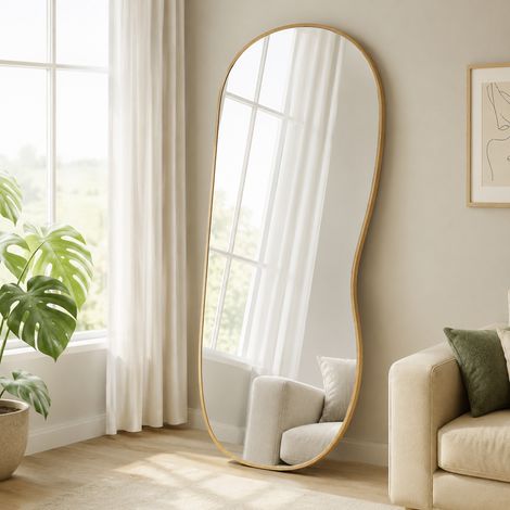 Miroir mural Serena Miroir pleine longueur organique avec cadre en aluminium aspect bois 60 × 120 cm (1/5)