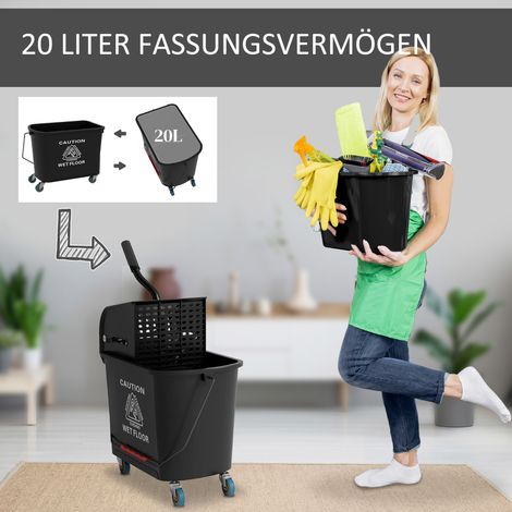 Seau à serpillière 20 L avec essoreuse et poignée, seau à roulettes en plastique noir (1/4)