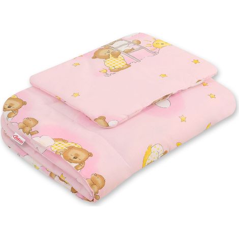 Juego de cama para bebé con relleno, 2 piezas, 75x100cm RECIÉN NACIDO - Ositos en nubes, rosa (1/2)