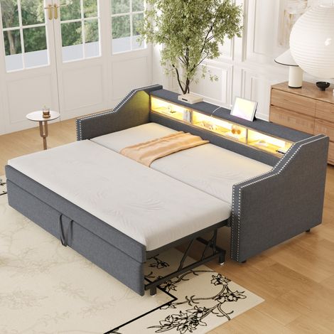Lit simple 90/180x190 cm, canapé-lit avec lit gigogne, éclairage LED et prise USB, tissu en lin gris, sans matelas (1/5)