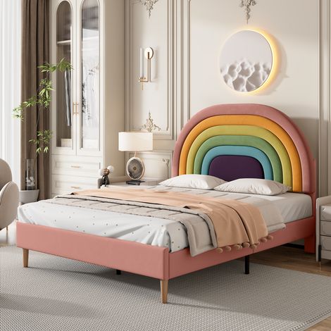 Cama tapizada 140x200 cm de terciopelo rosa con cabecero regulable y somier de láminas (1/5)