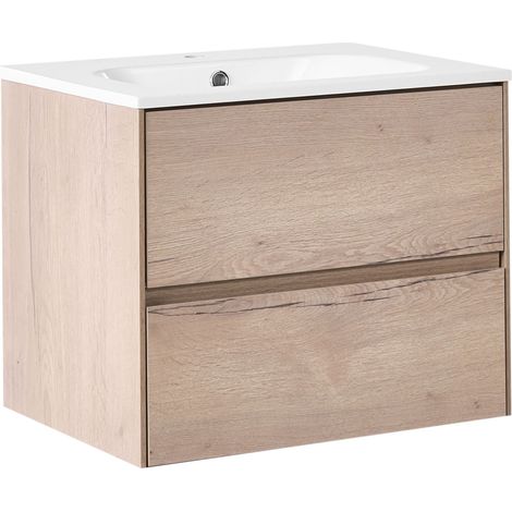 Wall Mounted Bathroom Cabinet Vanity Unit Light Brown MDF 60 x 46 cm with 2 Drawers with Washbasin VITA (1/5)