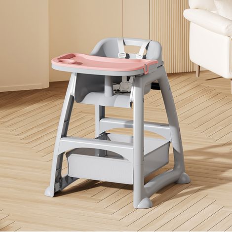 Chaise haute pour bébé en PP gris avec 3 plateaux interchangeables, harnais 5 points (1/5)