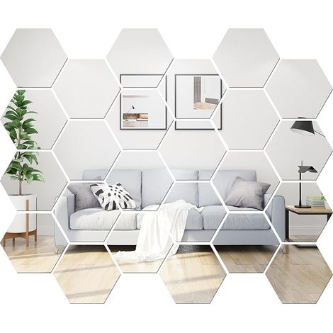 24 Pièces Miroir Mural Autocollant en Acrylique, Hexagonaux Miroir Adhésif Stickers, pour DIY Maison Chambre Salon Décor, Salle de Bain Décoration (Argent) (1/5)
