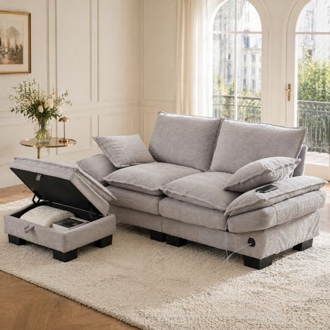 Divano modulare 2 posti in velluto a coste con pouf, grigio chiaro (1/5)