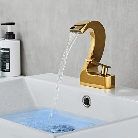 Gold waterfall single-handle faucet for washbasin – Hot and cold water, modern design, easy to install (1/5)