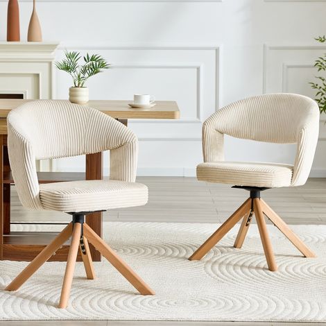 2 Chaises pivotantes velours côtelé blanc crème rotation 360° pieds bois massif salon salle à manger 47x47.5x81.5cm (1/5)