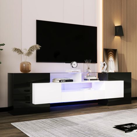 Weiß und Schwarz glänzender LED-TV-Schrank, TV-Kommode mit 3 Fächern + 6 Türen + 2 Schubladen, Fernsehschrank mit Glasoberfläche, L200cm