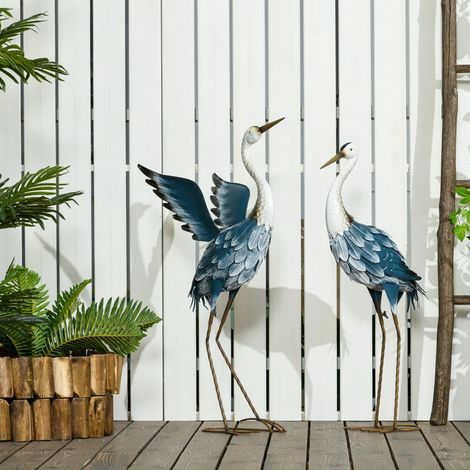 Set di 2 statue da giardino per esterni, sculture di aironi in acciaio per laghetto, patio, terrazzo, prato, 74/70 cm, multicolore