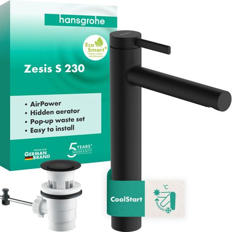 Mitigeur de lavabo avec tirette et vidage, Robinet de salle de bain avec hauteur sous bec 230 mm, max. 4l/min, Noir mat (1/5)