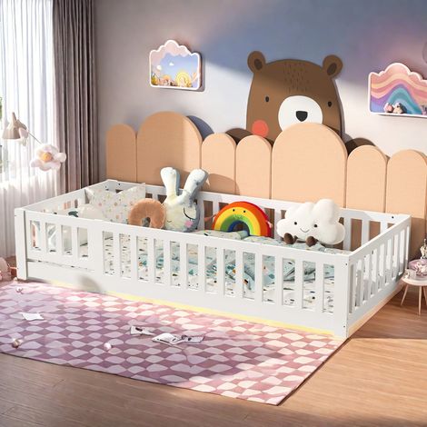 AUTRUCKER Cadre de lit enfant, sans matelas, lit de sol Montessori massif 90x200cm, convient aux garçons et aux filles, facile à monter, blanc. (1/4)