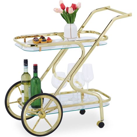 Chariot de Service, roulettes et Roues, 2 étages, Verre et Fer, 80x43x85 cm, desserte roulante, Laiton (1/5)