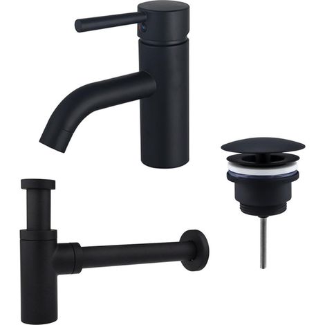 FugaFlow Eccelente Sobrado Kit mitigeur lavabo - robinet bas - bonde nonobturable - siphon design - Noir mat (1/4)