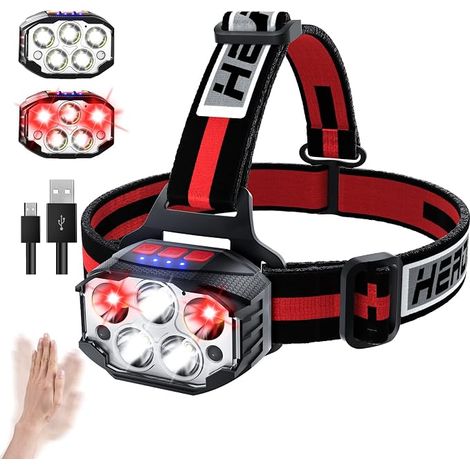 Linterna frontal LED recargable de 1100 lúmenes con sensor de movimiento, 14 modos, luz roja, USB, ángulo de haz ajustable de 90°, resistente al agua IPX4 para correr, acampar, hacer senderismo y trab (1/5)