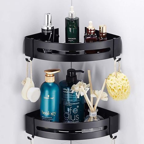 Black adhesive bathroom caddy, no drilling required, storage basket for shower and shampoo (aluminum corner, set of 2) (1/5)