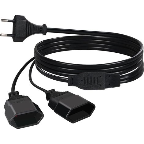 Rallonges d'alimentation,2M Câble d'extension de Prise d'extension EU  2 en 1 Fiche Plate Type C vers Prise Euro, 0,75 mm² Max. 2.5A/250V Fiche Euro vers Prise Euro pour Ordinateur, TV, PC (Noir) (1/5)