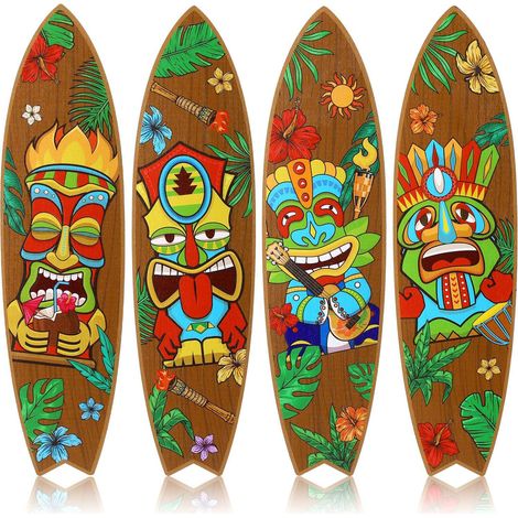 Letrero de madera con forma de tabla de surf – Paquete de 4 – Decoración náutica para pared – Tótem hawaiano vintage (1/5)