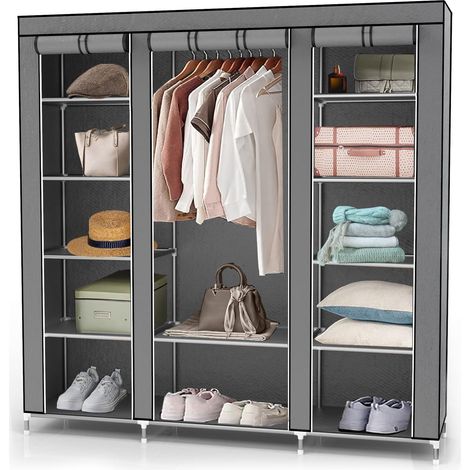 Armoire de Rangement Pliable 150x175x45 cm en Gris Cendre - Penderie Dressing Textile en Tissu Intissé avec Fermeture à Glissière - Garde-Robe Placard Camping