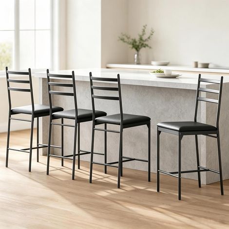 Lot de 4 Tabourets de Bar avec Dossier Métal, Repose-Pieds, Chaise Haute Style Industriel Marron pour Cuisine, Comptoir et Bar, Noir (1/5)