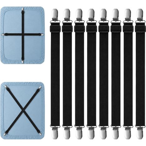 Lot de 8 tendeurs de draps, réglables, avec clips métalliques, pour draps, nappes, Noir