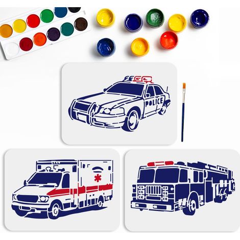 Lot de 3 pochoirs pour voiture, ambulance, voiture de police, 29,7 × 21 cm, grands pochoirs sur le thème de la voiture avec pinceau, camion de pompiers, pochoir pour toile, mur, bois (1/5)