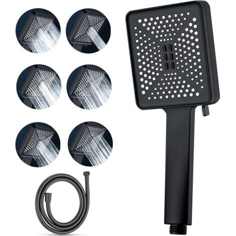 Pommeau de Douche Massant avec 6 Modes de Pulvérisation, Douchette Douche avec 1.5M Tuyau, Grande Douche à économie d'eau à Haute Pression,Pommeau Douche Economiseur d'eau Chrome (Noir)