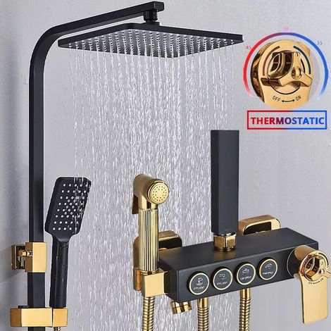 Zamery – Colonne de douche thermostatique noire réglable 80-120cm – Acier inoxydable anti-corrosion – 3 fonctions de douche – Affichage température (1/5)