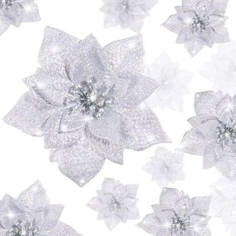 36 flores de Pascua con purpurina navideña, artificiales, para árbol de Navidad, bodas, Año Nuevo (plateadas, con purpurina)