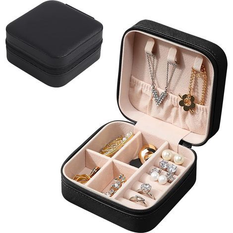 Portable jewelry box, storage box, packaging box suitable for rings, necklaces and bracelets, jewelry box, black (1/5)