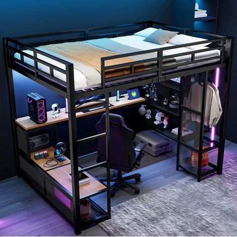 Cama alta moderna 140x200 cm de metal y MDF negro con escritorio, estantes, armario abierto, USB y LED (1/5)