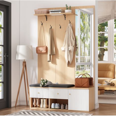 Vestiaire d’entrée 120 x 40 x 200 cm MDF blanc et décor bois avec banc à chaussures - CHICFURN (1/5)