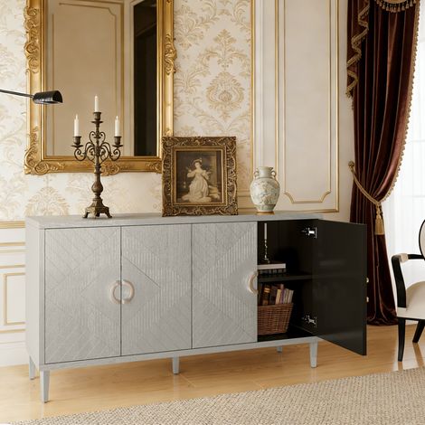 Meuble de rangement élégant et fonctionnel à 4 portes de 152 cm, avec pieds en pin et structure en MDF, idéal pour le salon, la chambre et la cuisine, couleur champagne. (1/5)