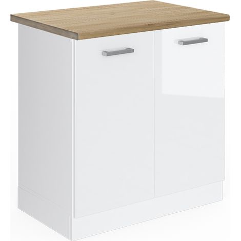 Spülenunterschrank R-Line, Weiß Hochglanz, 80 cm , AP Eiche, Vicco