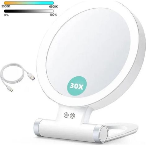 Miroir Maquillage, 1x/30x Double Face LED Miroir Grossissant Pliable, Éclairage 3 Couleurs, Portable et Élégant (1/3)