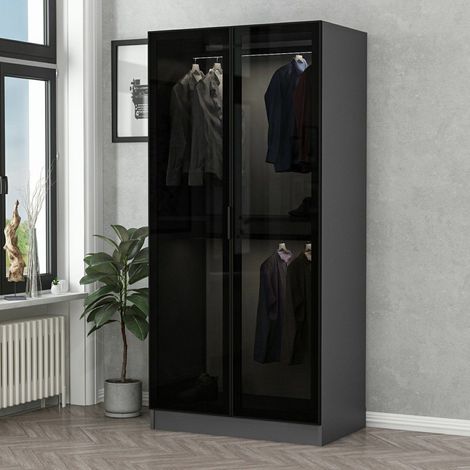 Guardaroba 2 Ante Moconesi, Armadio Camera da Letto Appendiabiti, un Ripiano, 2 Ante, 90x210h cm Nero Antracite (1/5)