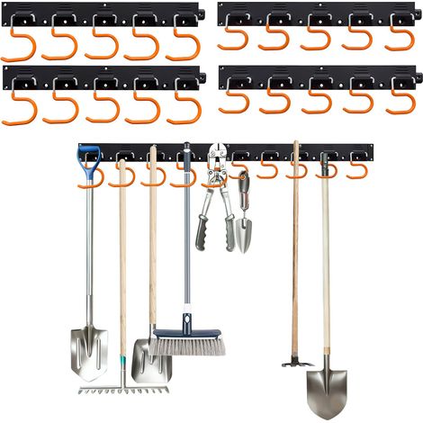 Relaxdays Gartengerätehalter Wand, 20 Haken, Geräte Wandhalterung, HBT: 5x43x2 cm, 4x Geräteleisten, schwarz/orange