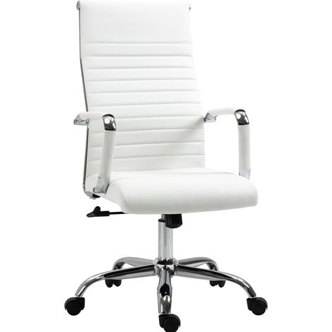 Chaise de bureau ergonomique avec fonction bascule, roulettes 360°, pieds en acier, simili cuir blanc, 54x62x104-114 cm (1/5)
