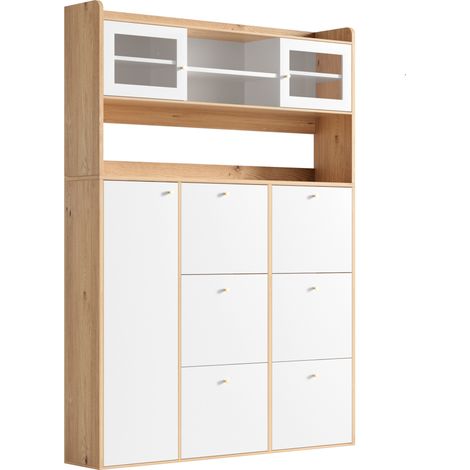 Zapatero con LED y cristal, 6 compartimentos abatibles, 1 puerta, 130x25x180 cm, blanco/natural (1/5)