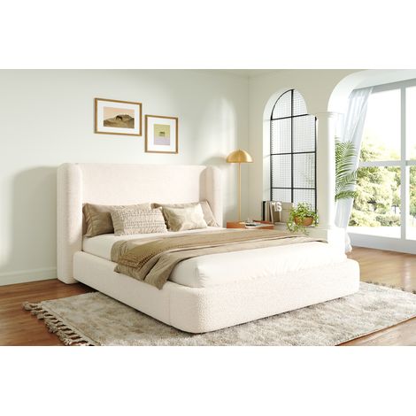 Lit coffre double 160 x 200 cm avec sommier relevable et grand rangement, tête de lit rembourrée, lit double avec sommier inclus, tissu bouclé, beige (1/5)