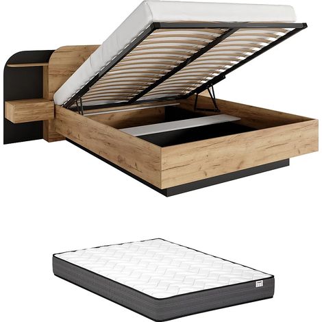 Lit coffre avec chevets 160 x 200 cm - Avec LEDs - Coloris : Naturel et noir + Matelas - JUVISIA (1/5)