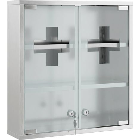 Botiquín con cerradura, 2 llaves, puerta de cristal y 6 estantes, 48 x 46 x 12 cm, color plata. (1/5)