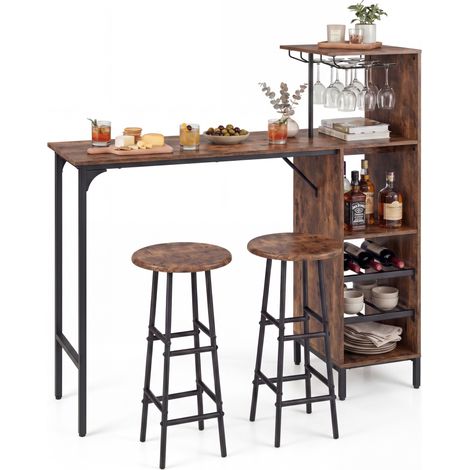 CASART 3PCS Bar Table & Chair Set Industrial Pub Table & Stools with Wine Glass Holders & 6-Bottle Wine Racks (1/5)