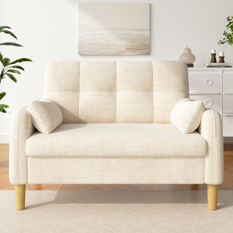 Canapé droit 2 places 119x78cm - petits espaces poche latérale 2 coussins - tissu chenille - beige (1/5)