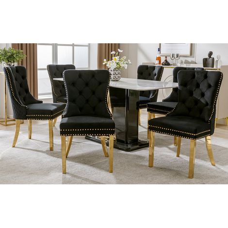 Chaises de salle à manger 4 pcs en velours noir avec anneau décoratif arrière et pieds en acier inoxydable doré, style (1/5)