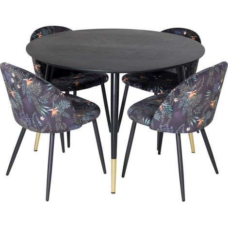 DippØ115BLBR Essgruppe Esstisch schwarz und 4 Velvet Esszimmerstühle Velour geblüht.